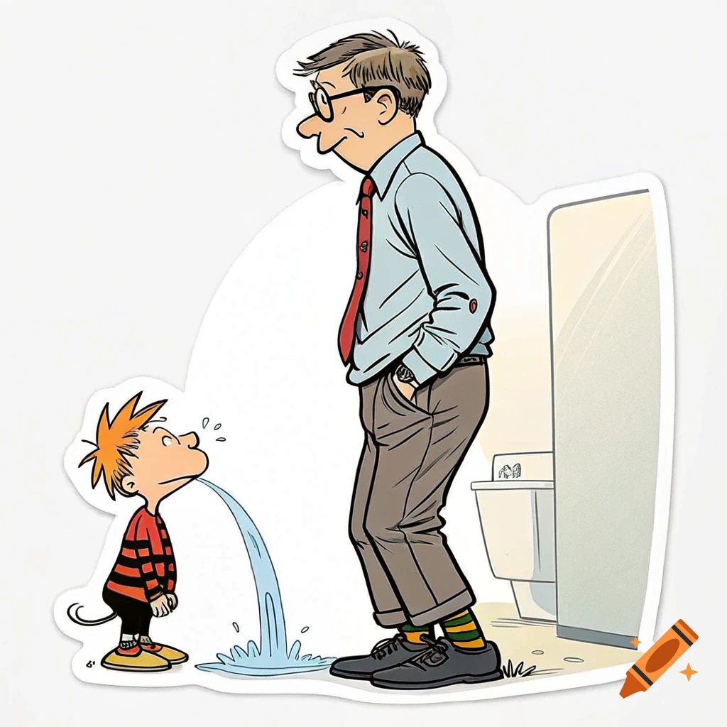 Cartoon of a tall man in a suit looking at a small boy peeing on the ...