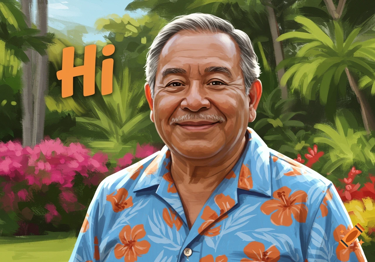A digital painting of a smiling older man in a blue floral shirt in a tropical garden. The word "Hi" is on the left.