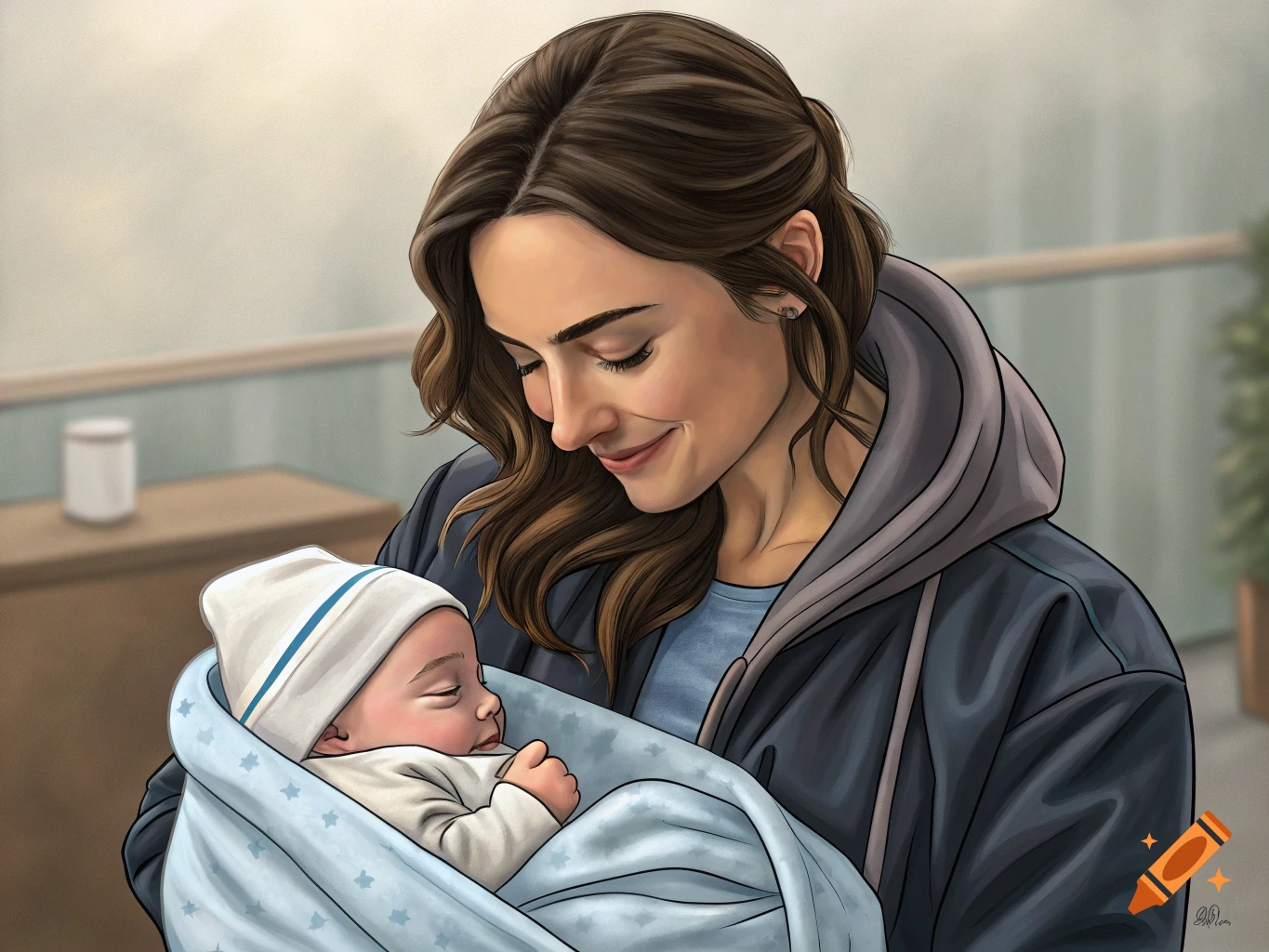 Illustration of a woman holding a sleeping baby wrapped in a blanket.