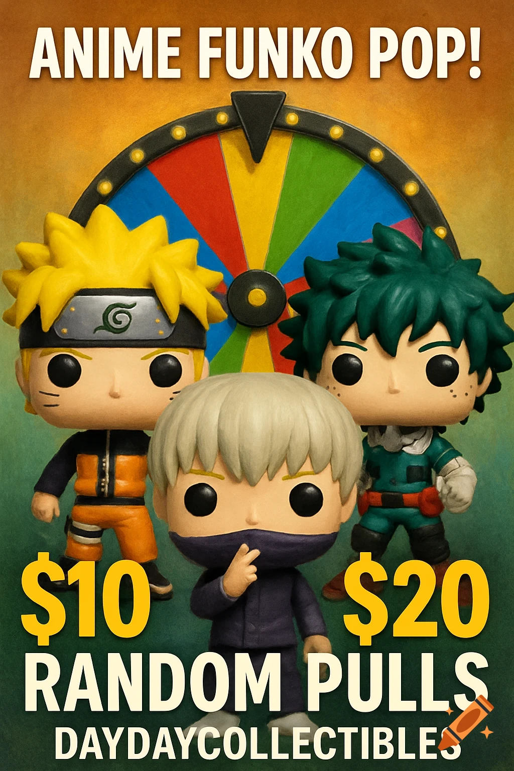 Anime Funko Pop figures (Naruto, Inumaki, Deku) with spin wheel and text about random pulls for $10 and $20.