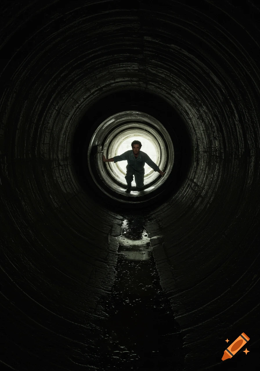 Man crawls through dark pipe toward bright light at the end.