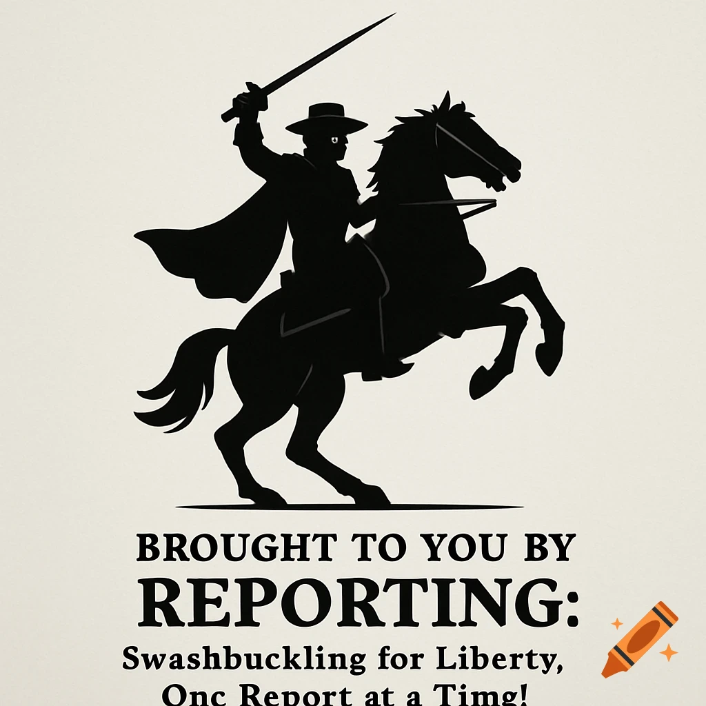 A black silhouette of a person on a rearing horse holding a sword aloft, with text below.