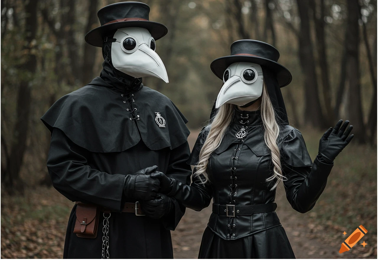 A couple wearing plague doctor costumes walks through a forest.