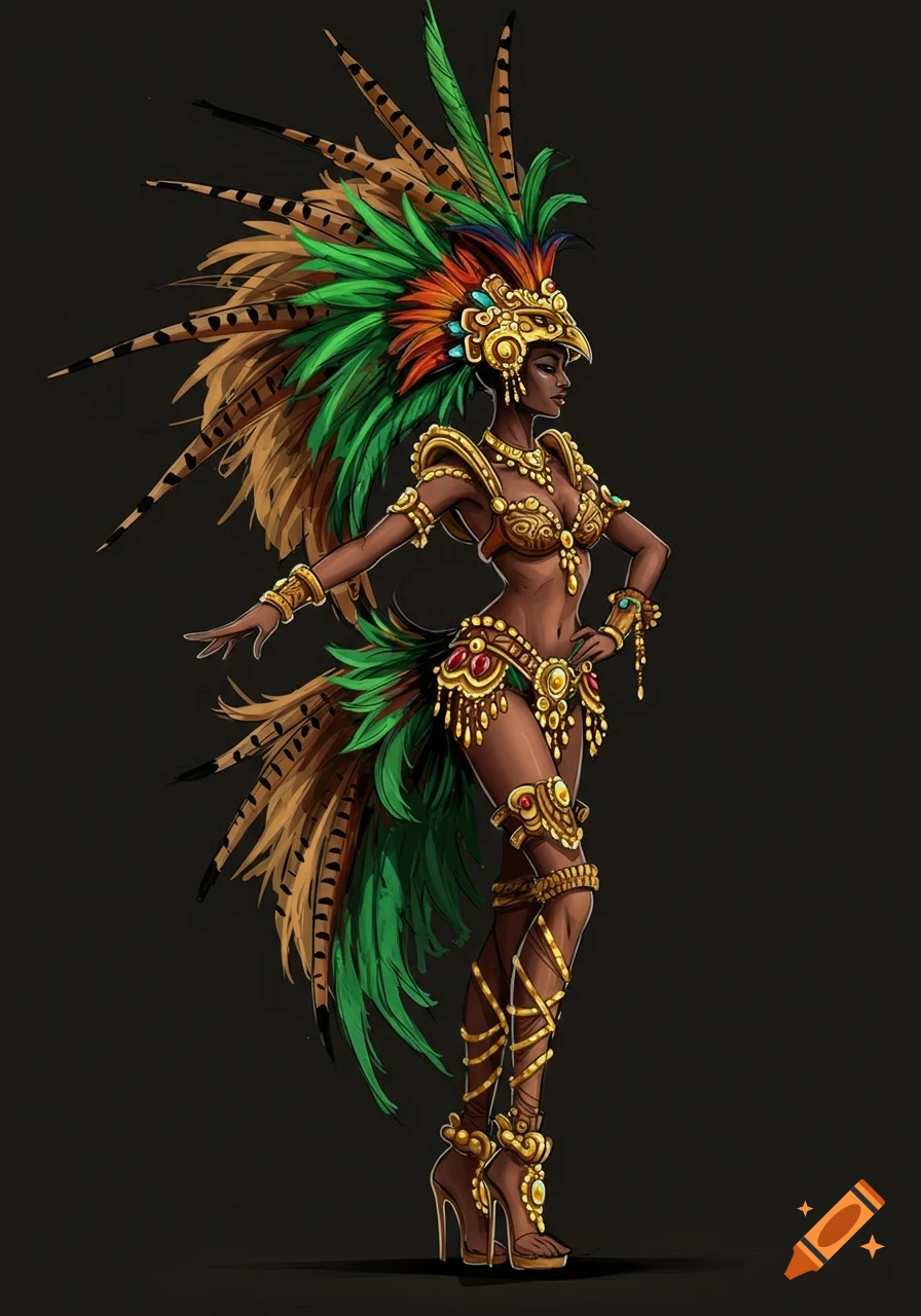 Illustration of a woman in an elaborate feathered costume with gold jewels.