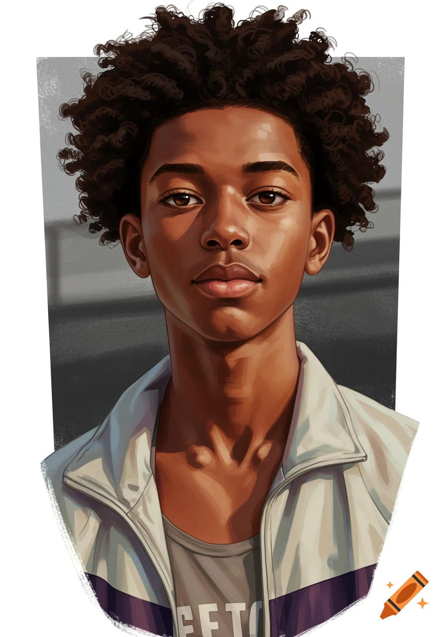Digital portrait of a teenage boy with dark curly hair in an athletic jacket.