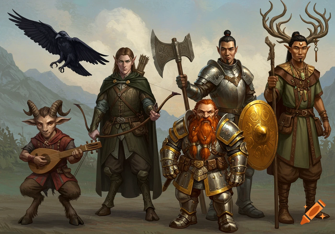 A diverse medieval fantasy party stands together: a satyr bard, elf ...