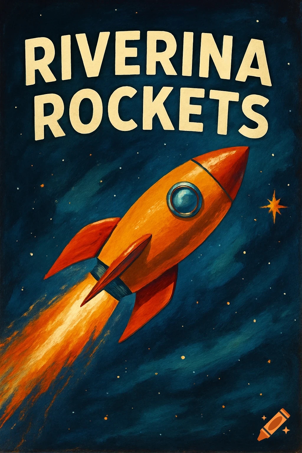 Retro illustration of orange rocket in space with 'Riverina Rockets' text.