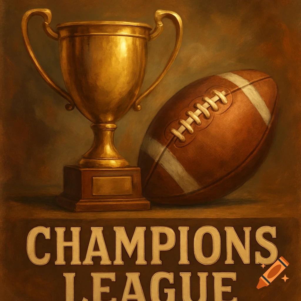 Golden trophy and American football on a shelf with the text CHAMPIONS LEAGUE below, in a painted style.