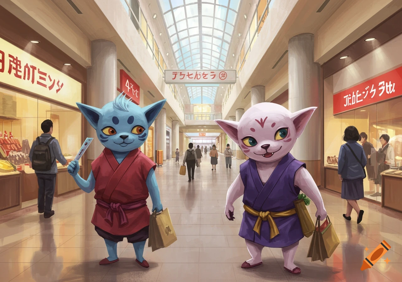 Two cartoon cat-like creatures shopping at a mall in Japan.