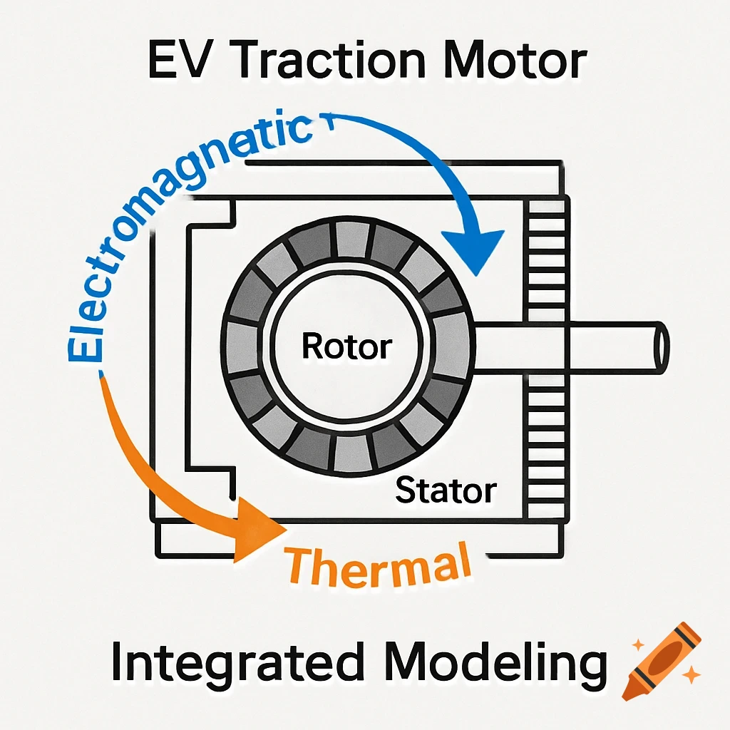 Schematic diagram of an EV traction motor showing electromagnetic and thermal interactions.