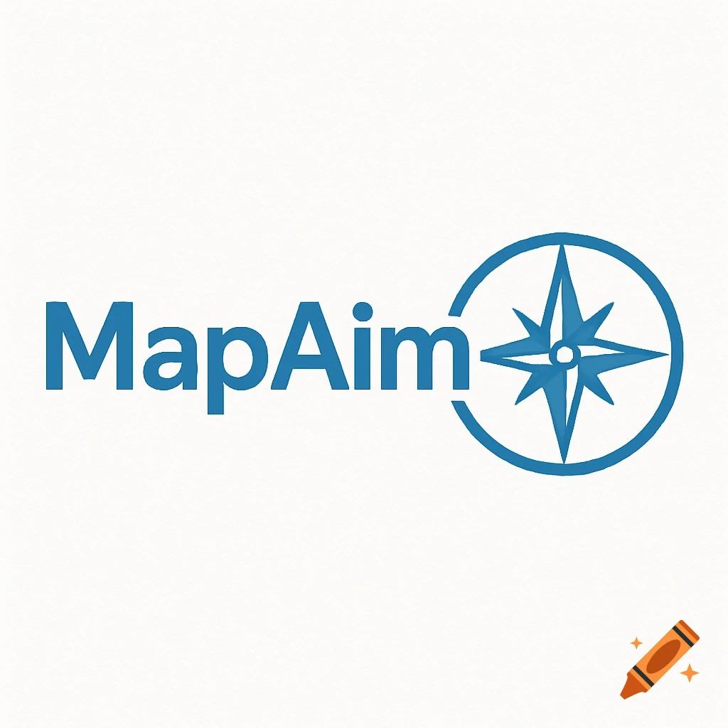 Blue corporate logo with the text "MapAim" and a compass icon.