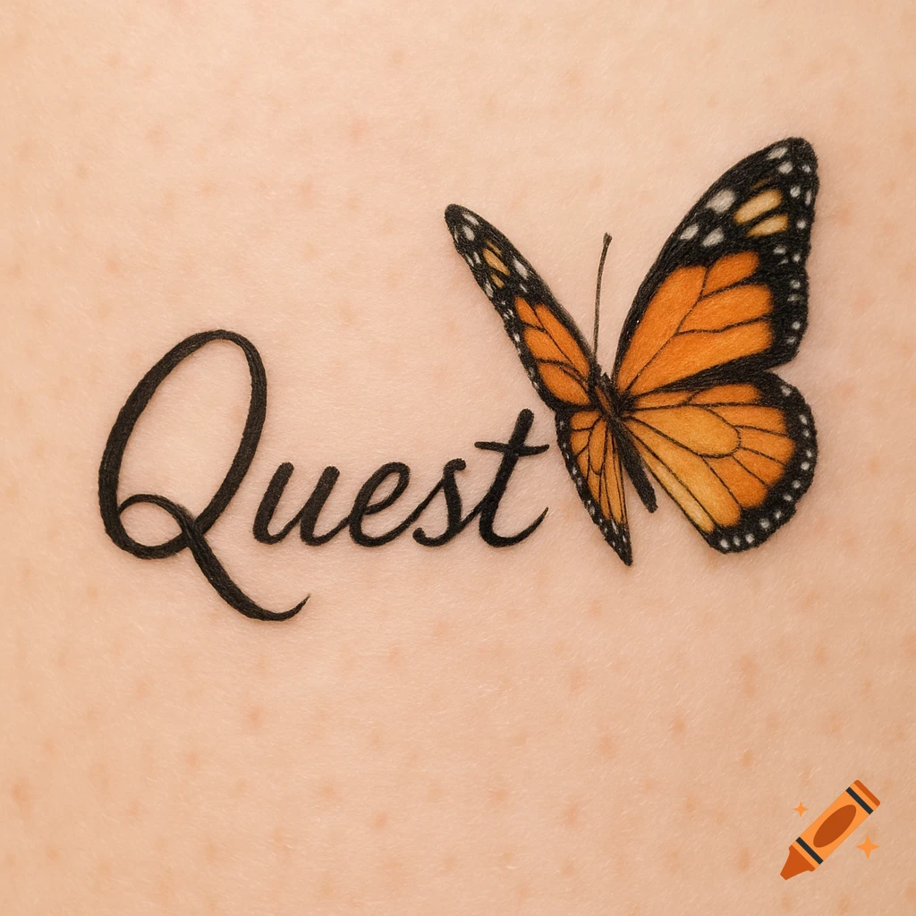 Close-up of a tattoo on skin showing the word Quest in black script and a monarch butterfly