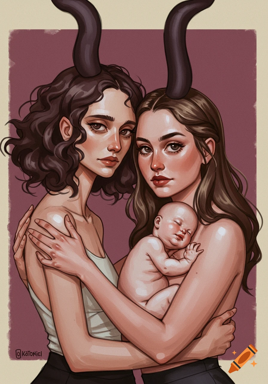 Two women with horns embrace a baby in a stylized illustration.