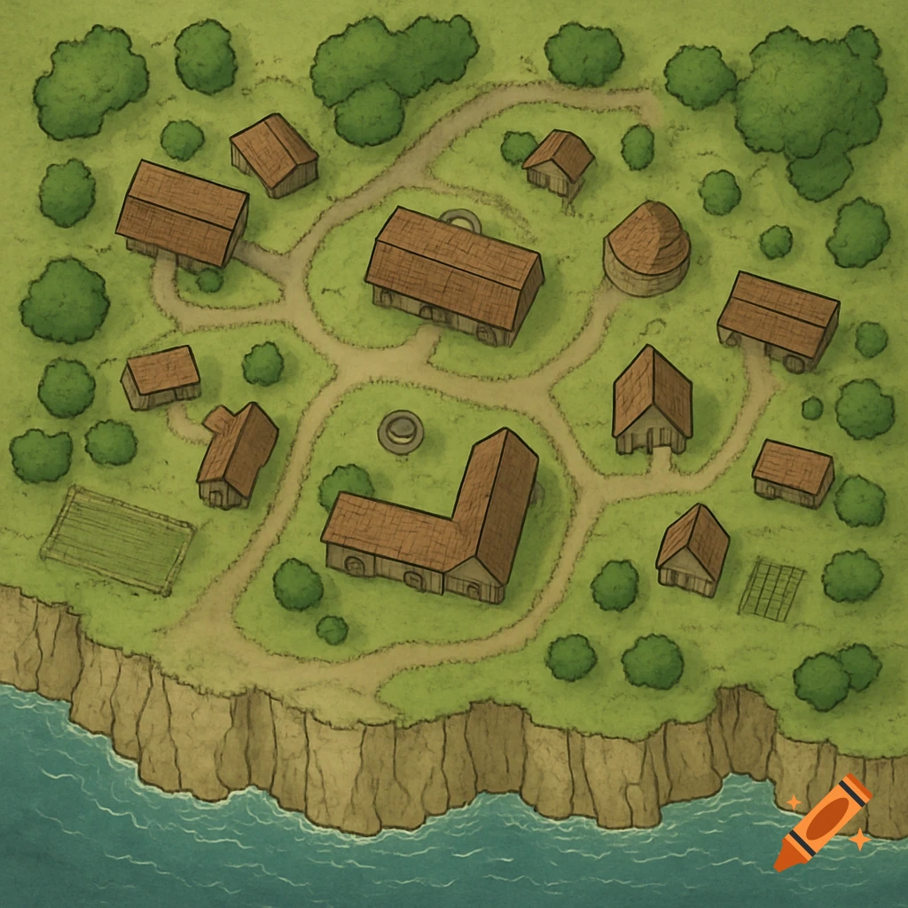 Top-down hand-drawn fantasy map of a village near a cliff and river.