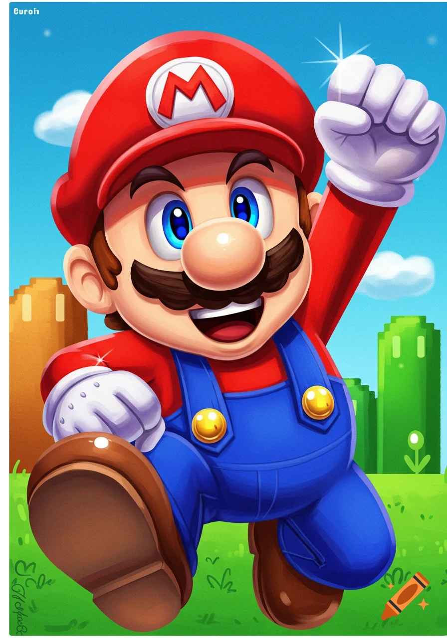 Mario jumps with his fist raised in a Super Mario Bros. level.