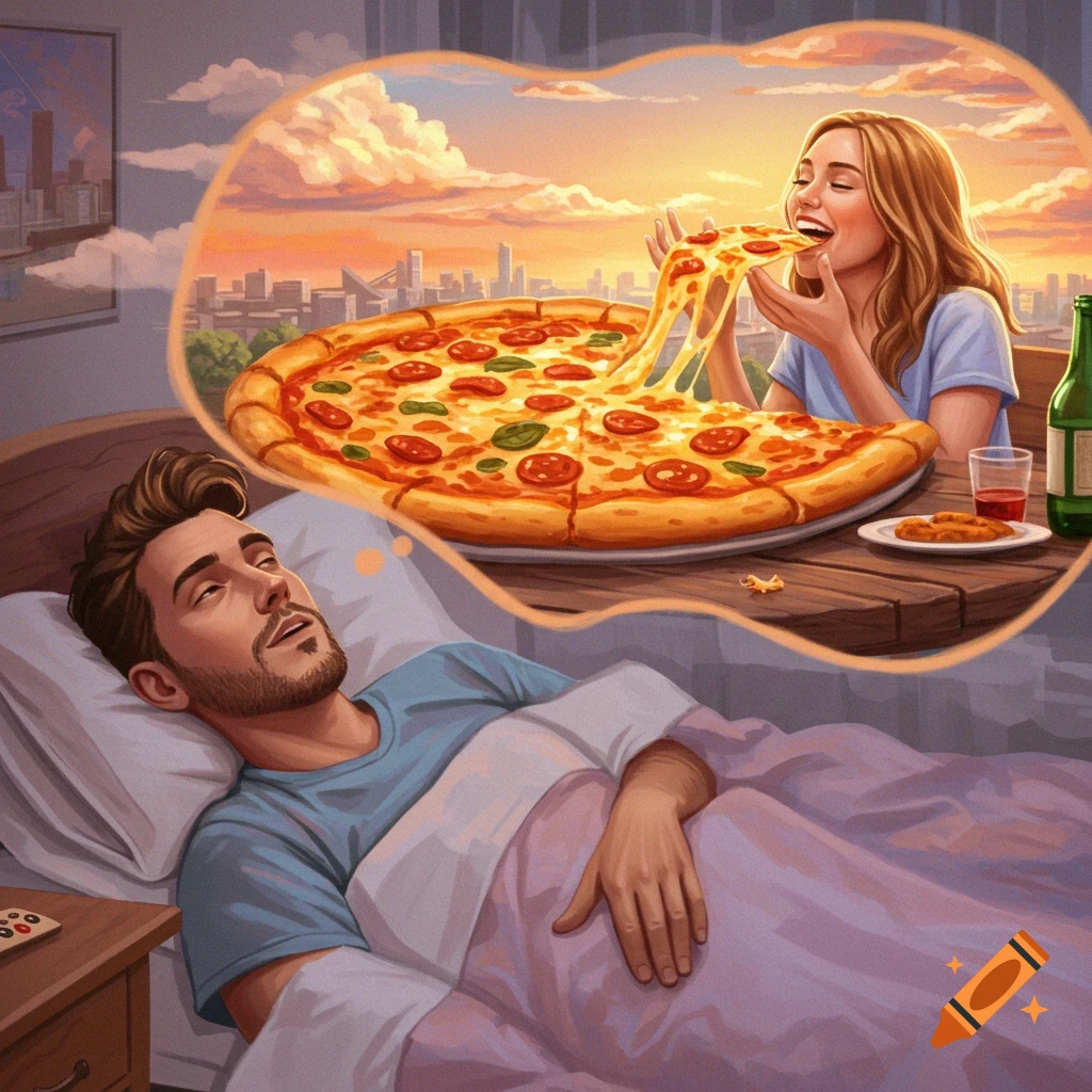 Man dreams of a woman eating a large pizza with a city skyline in the background. Illustrative style.