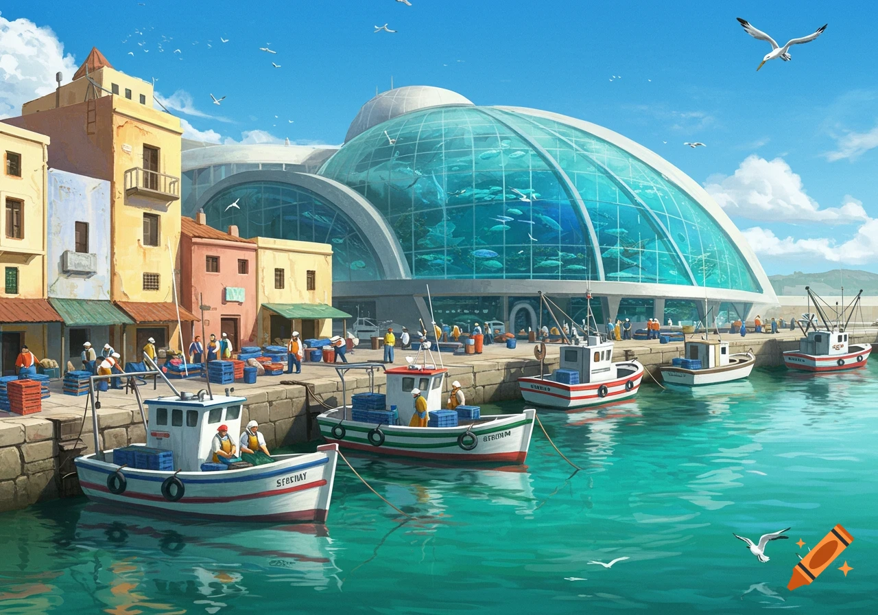 A vibrant fishing port with boats, colorful buildings, and a modern aquarium under a blue sky with seagulls.