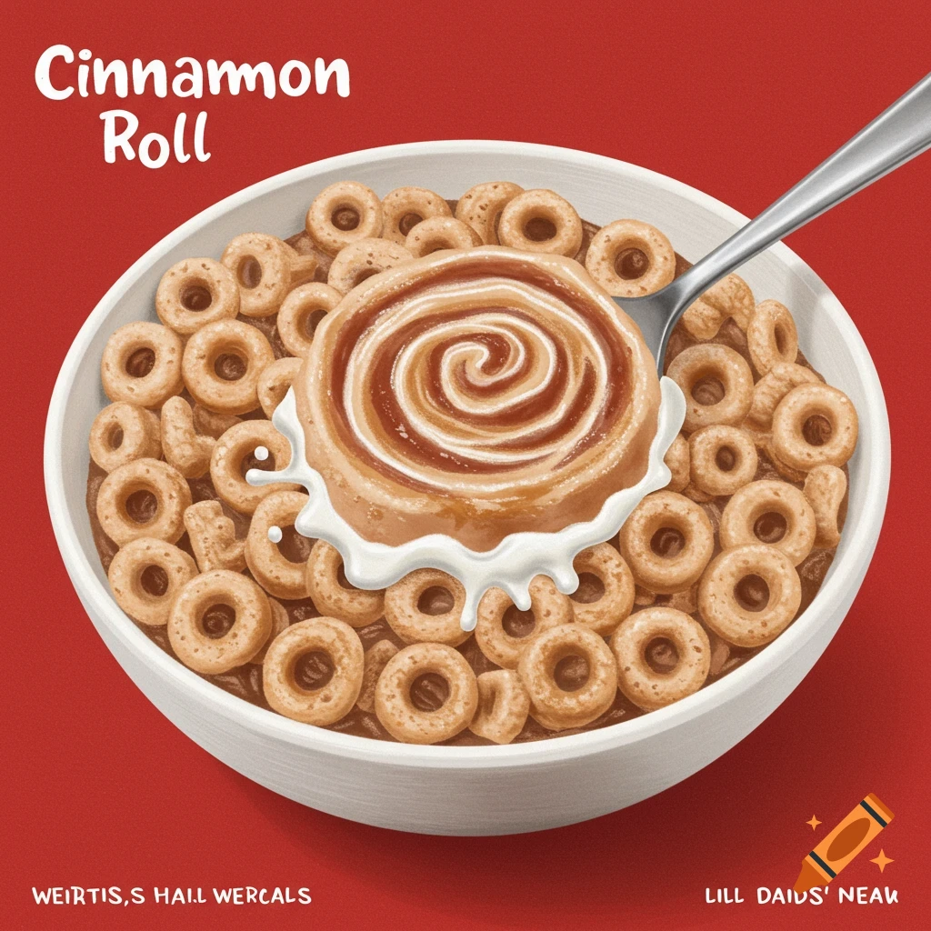 Bowl of cinnamon roll cereal with a swirl centerpiece and text "Cinnamon Roll".