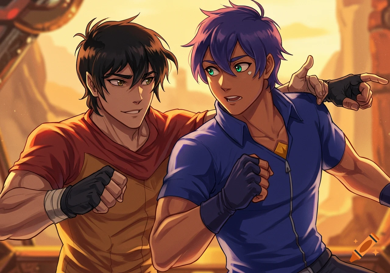 Anime illustration of two young men, one with dark hair, one with blue, standing together.