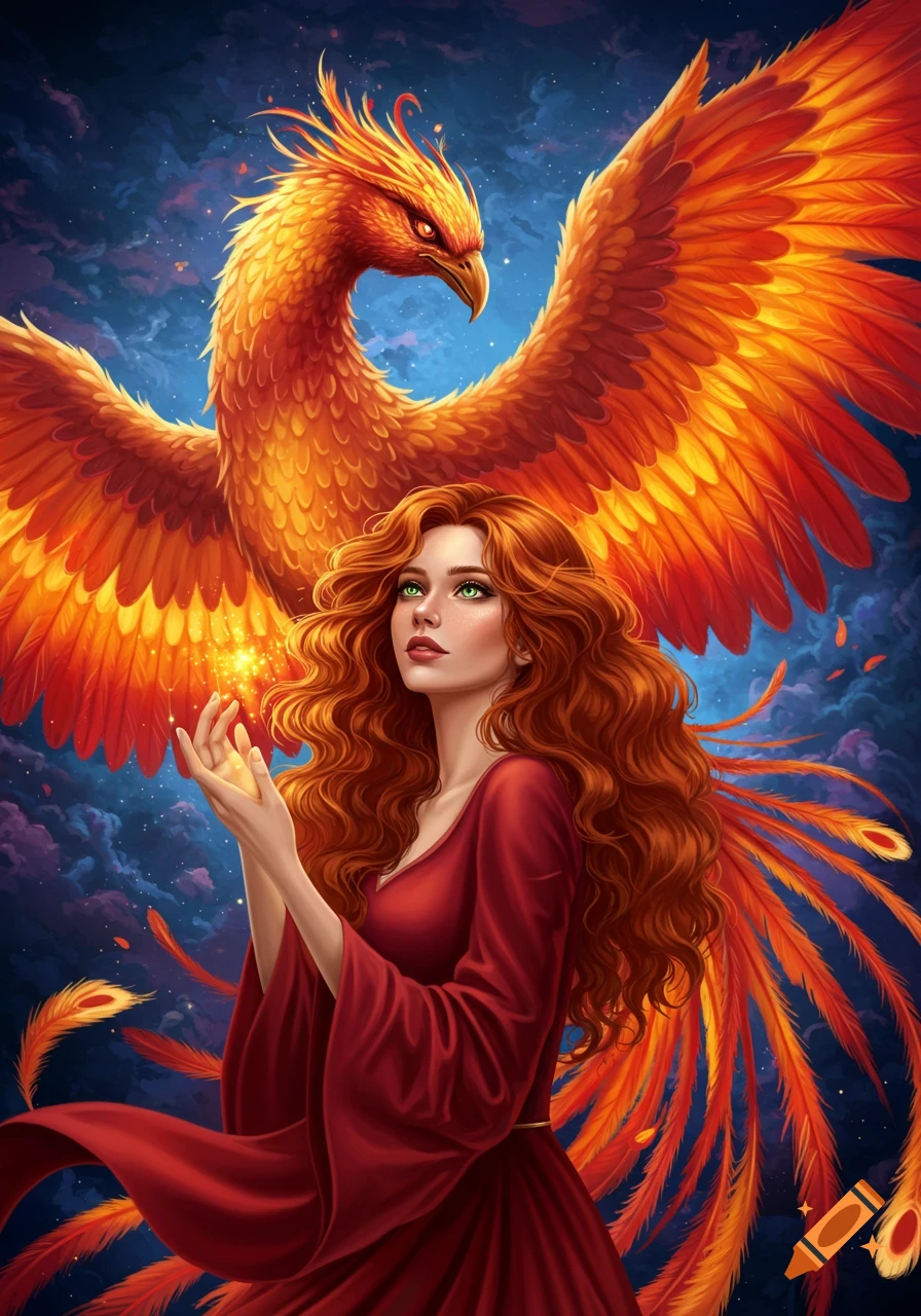 Illustration of a red-haired woman with a large, fiery phoenix in a fantasy scene.