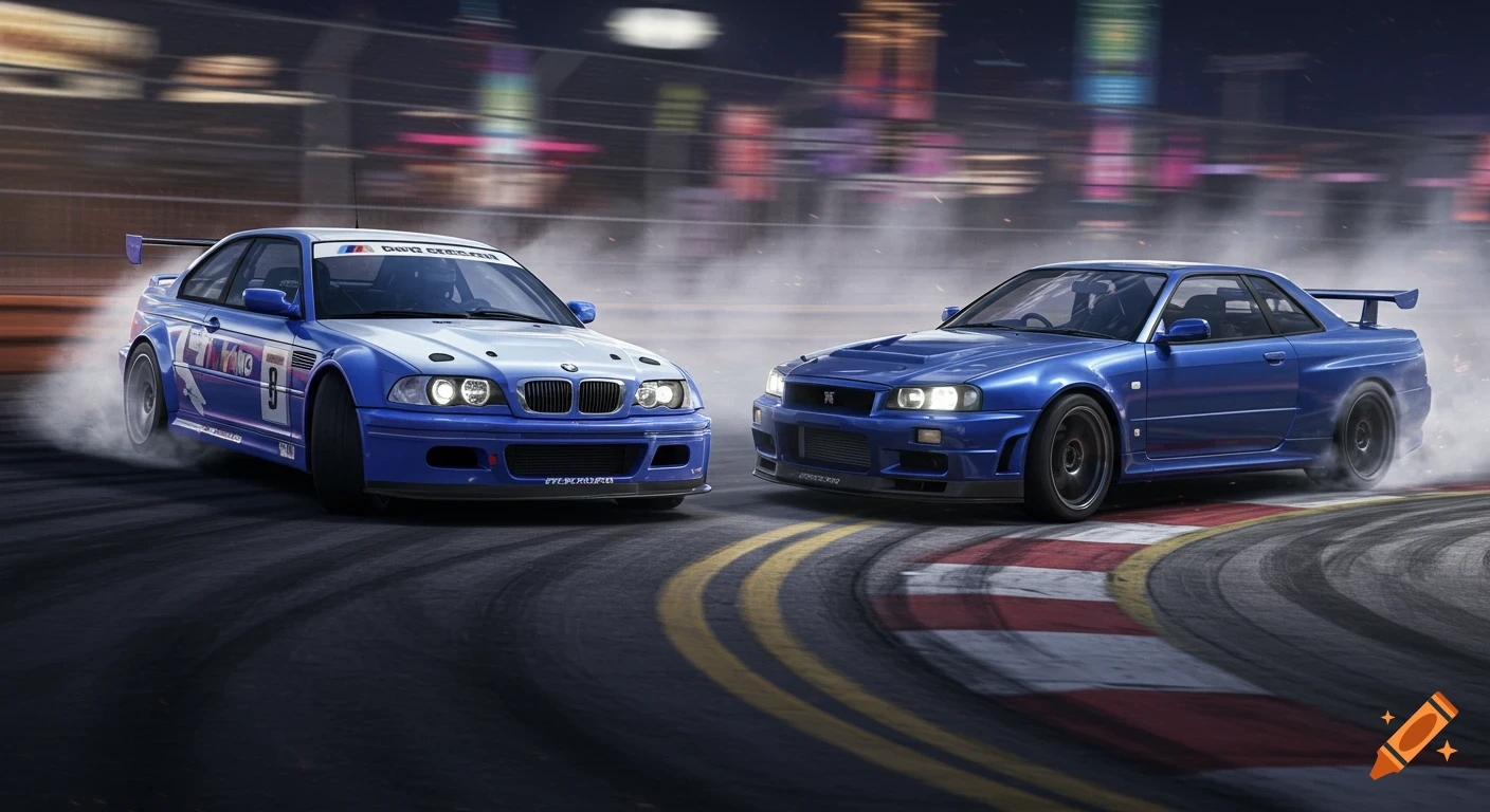 Two blue sports cars drift side-by-side on a race track in a photorealistic style.