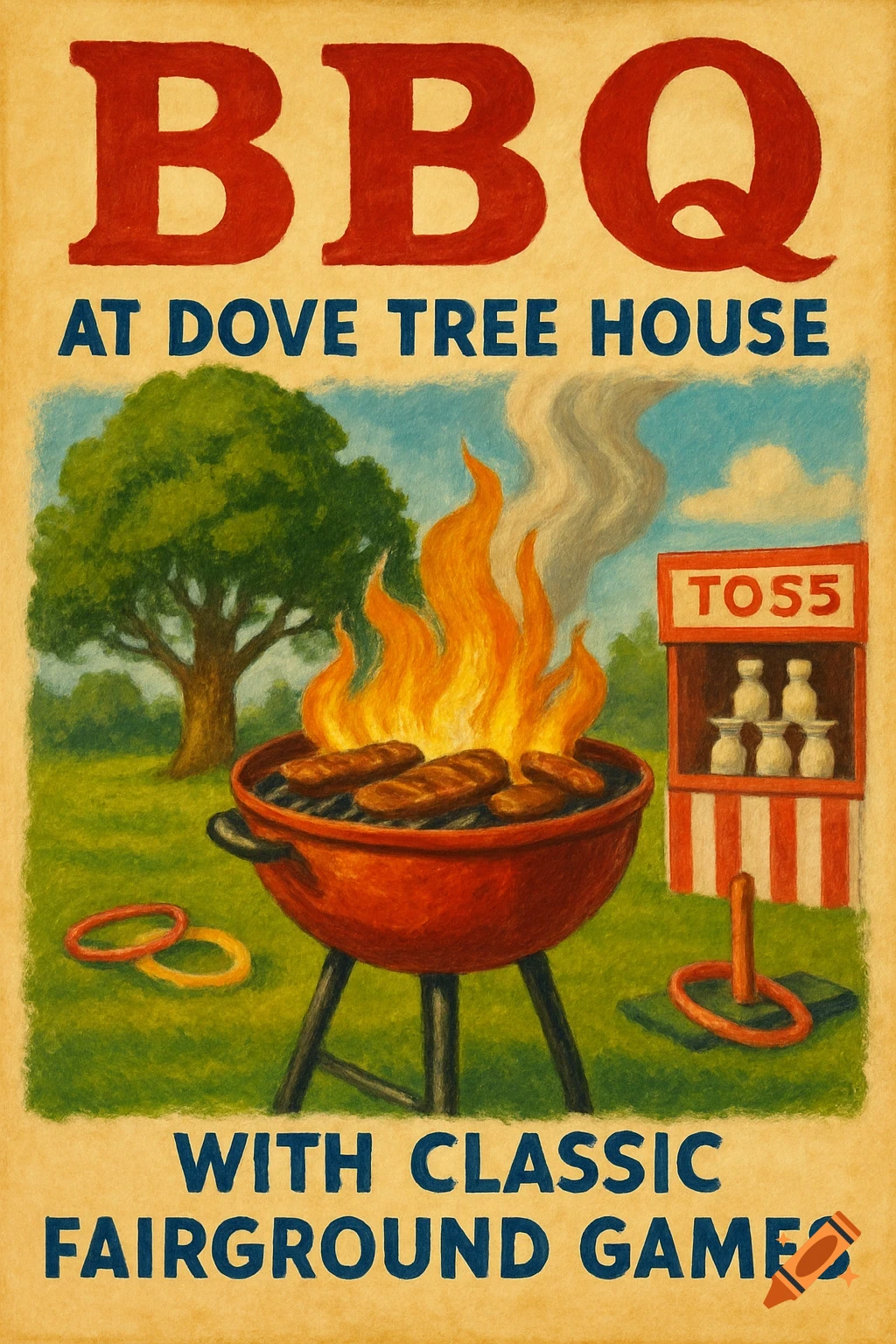 Textured illustration of a BBQ poster with a grill, food, flames, a tree, and fairground games.