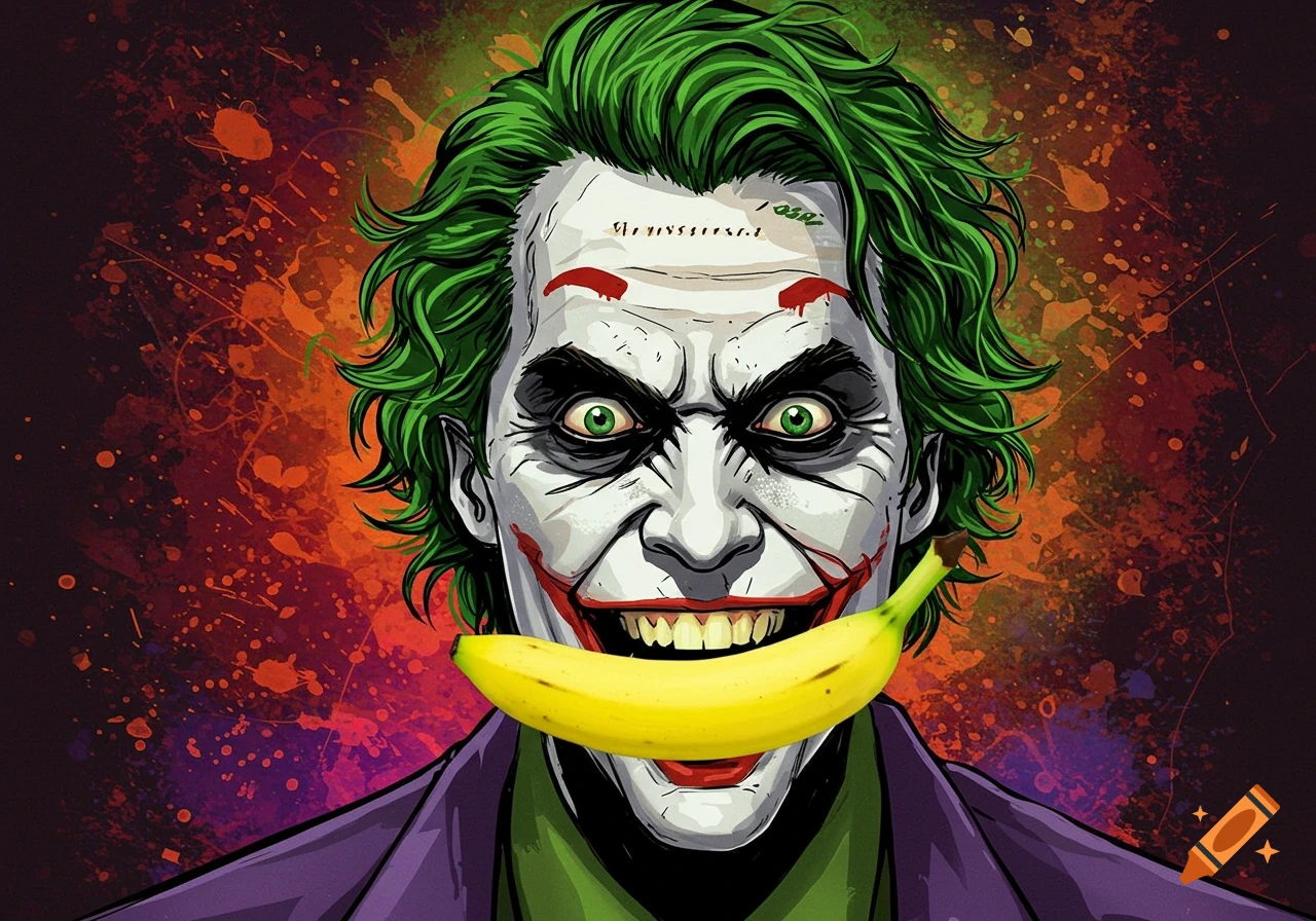 Illustration of the Joker holding a banana in his mouth like a smile, with green hair and purple suit.