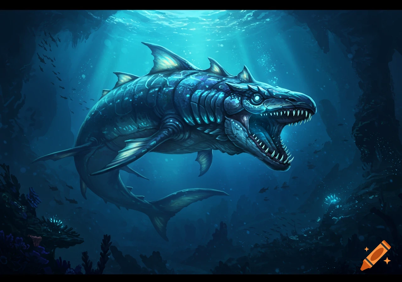 Digital painting of a monstrous, armored deep-sea creature with sharp teeth swimming underwater