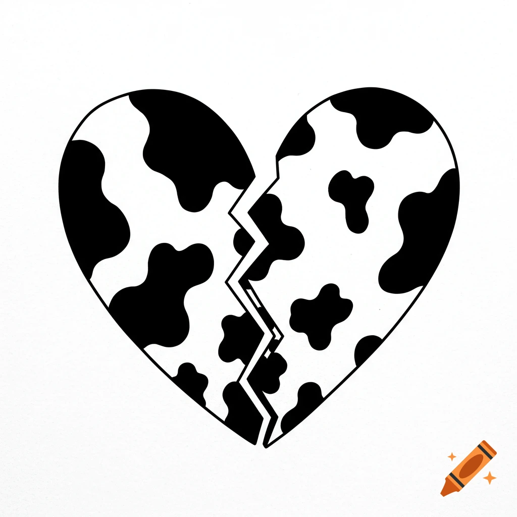 Black and white illustration of a broken heart with cow spots inside.
