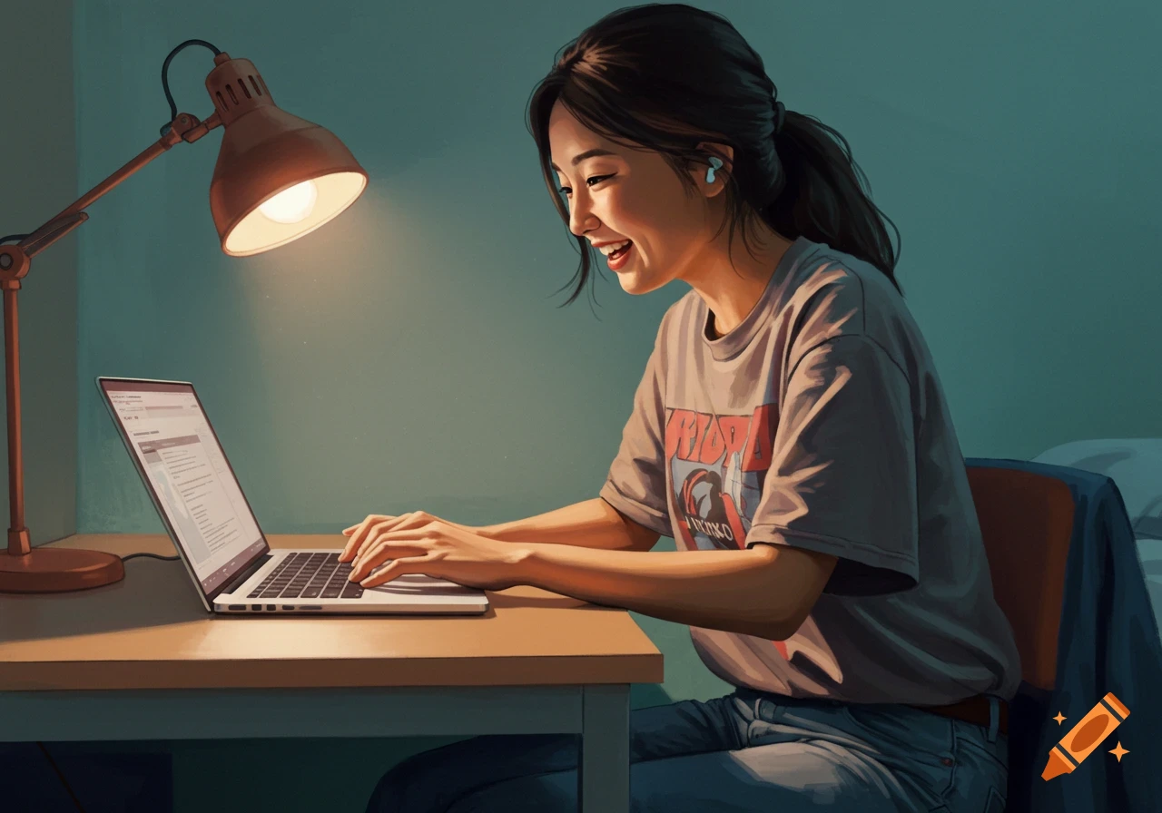 A young woman smiles while working on a laptop at a desk under a lamp.