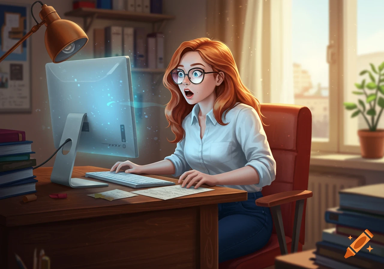 Redheaded woman with glasses looks surprised at computer screen in office