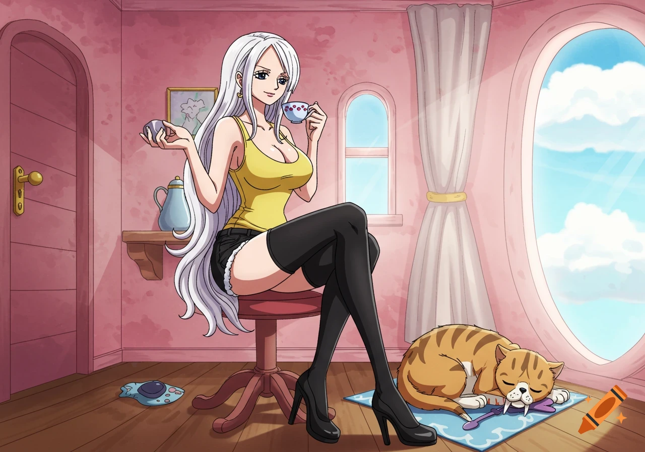Anime woman with white hair sits in a room, drinking tea, with a sleeping cat nearby.
