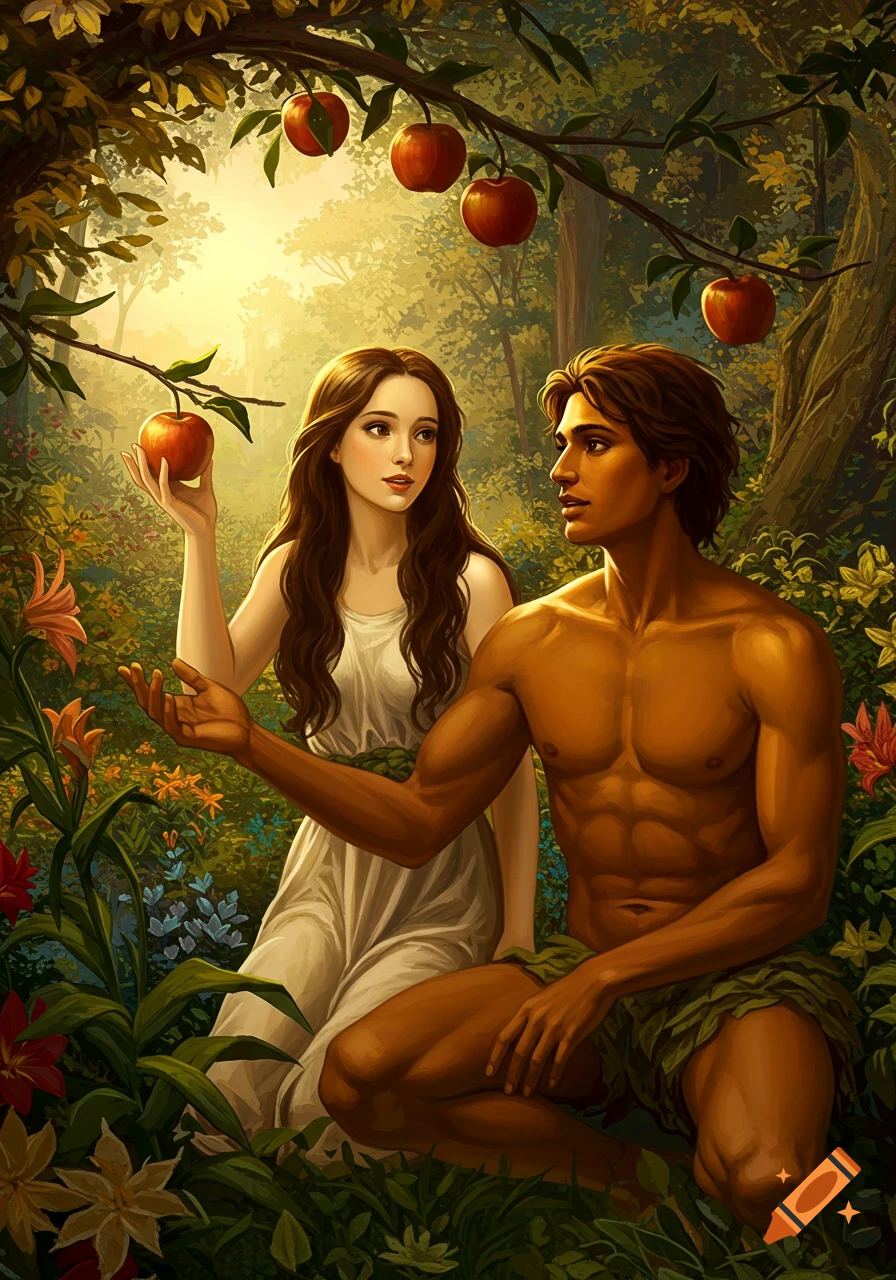 Adam and Eve in a lush garden with apples