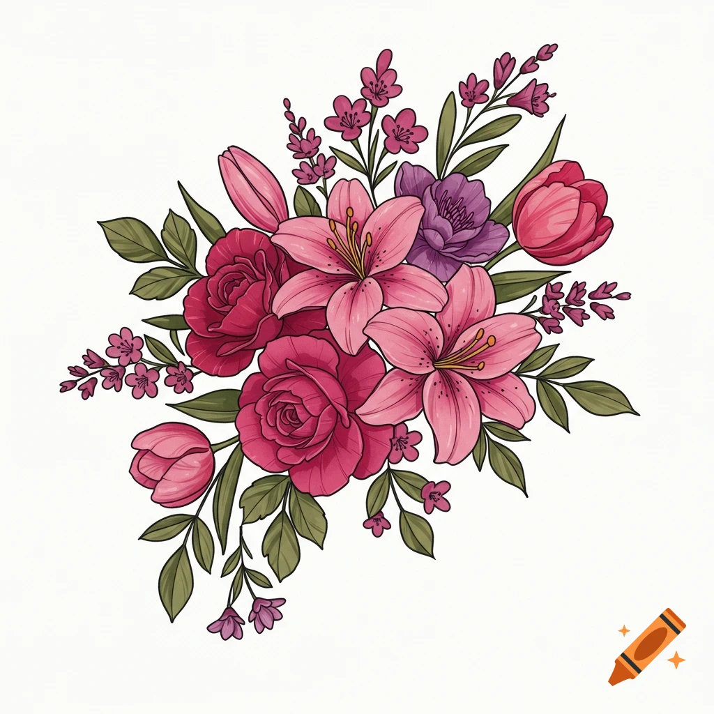 Illustration of a bouquet with pink lilies, roses, and purple flowers.