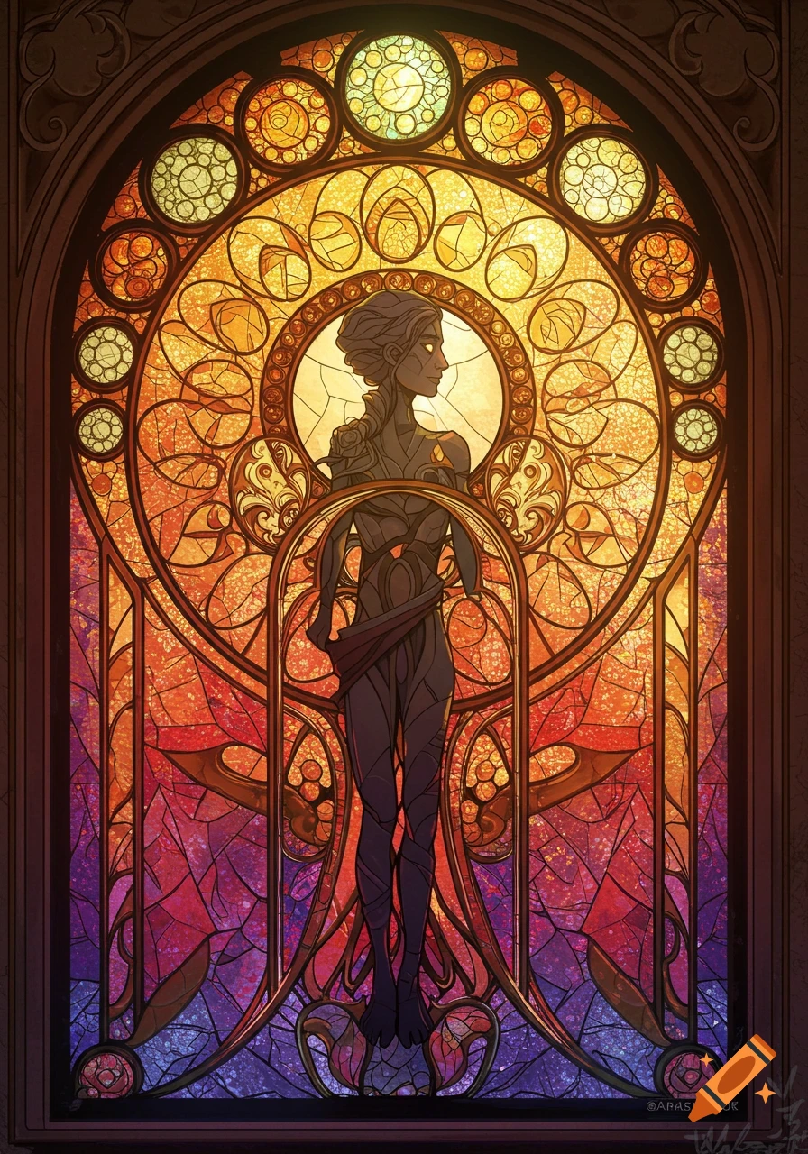 A figure depicted in vibrant orange, red, and purple art nouveau stained glass.