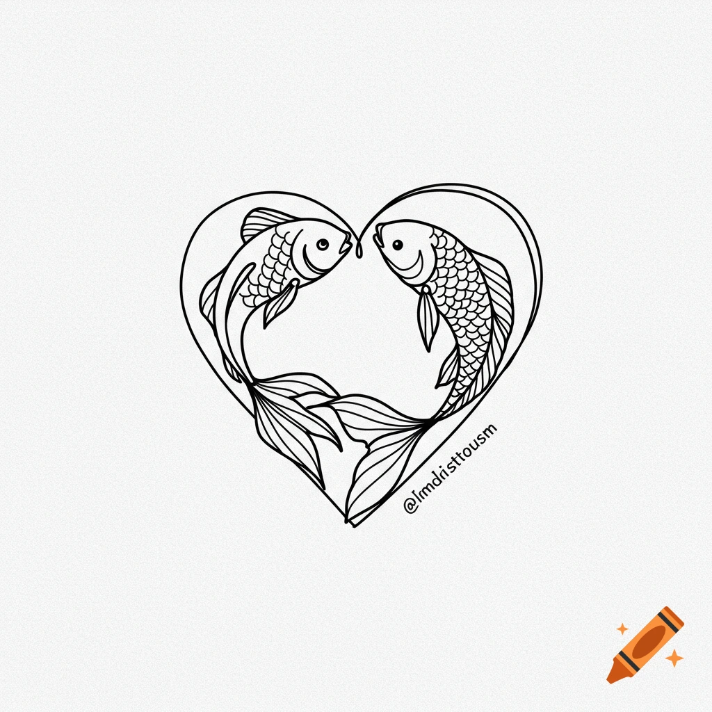 Minimalist black line art of two fish forming a heart shape.