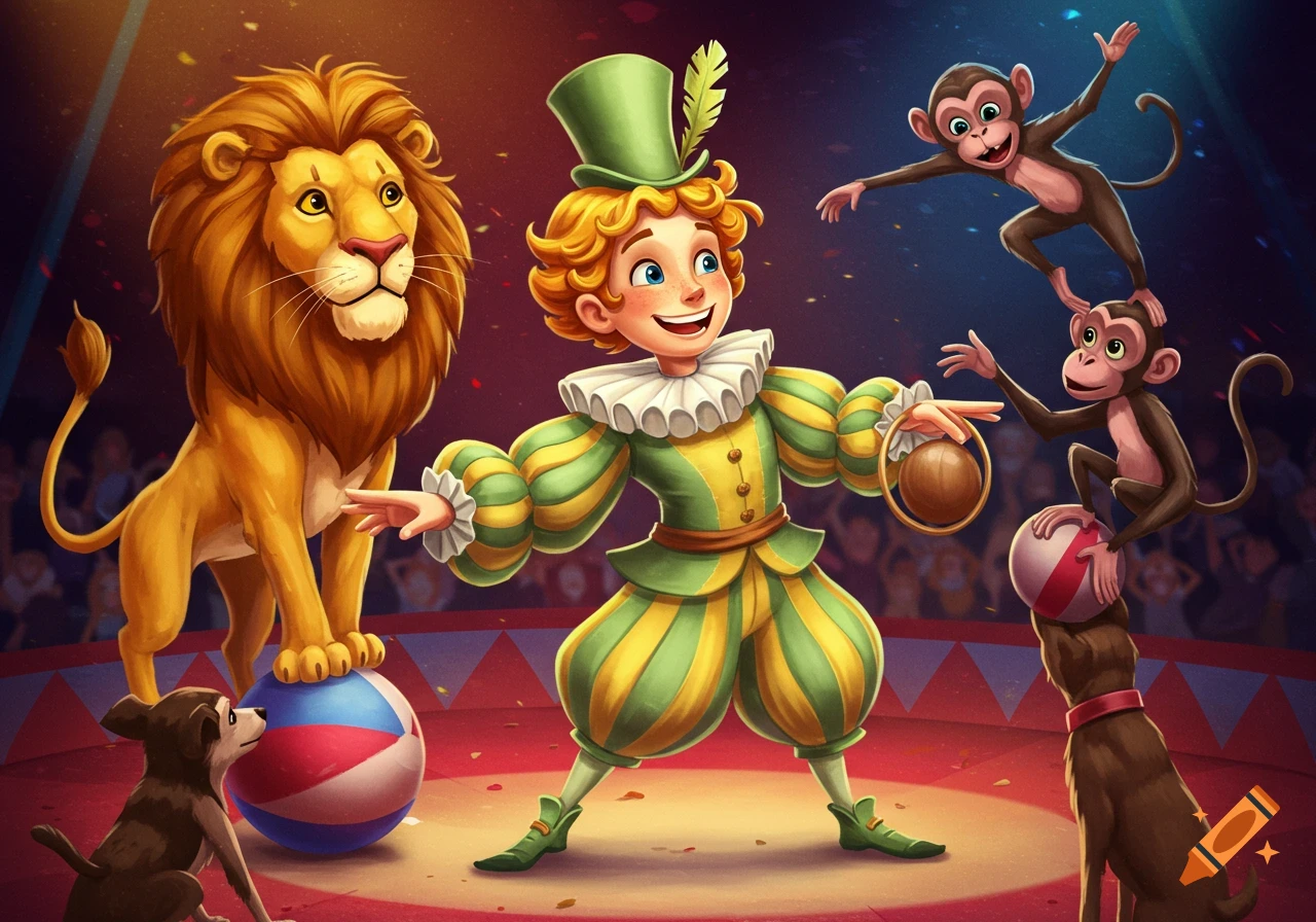 Illustration of a child lion tamer with a lion, monkeys, and dogs performing in a circus