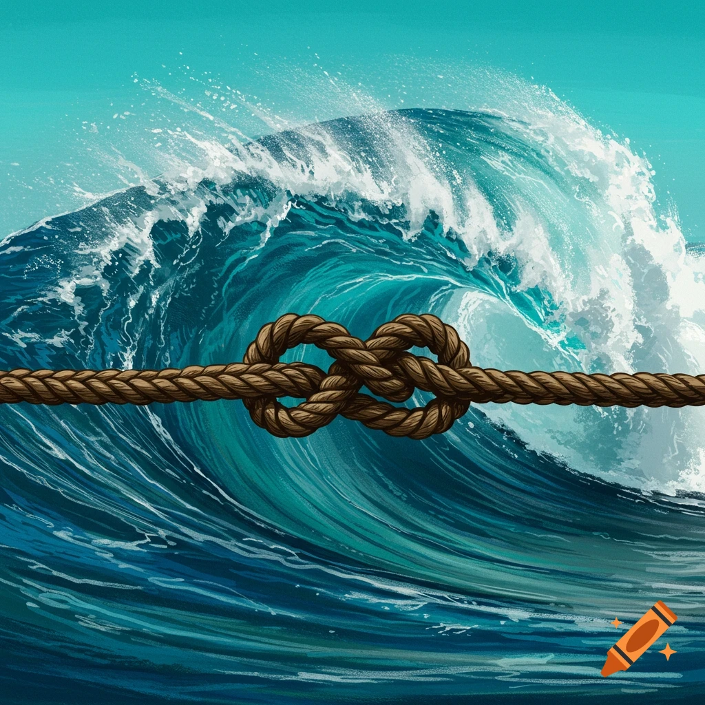 A nautical knot tied in a rope in front of a cresting wave.