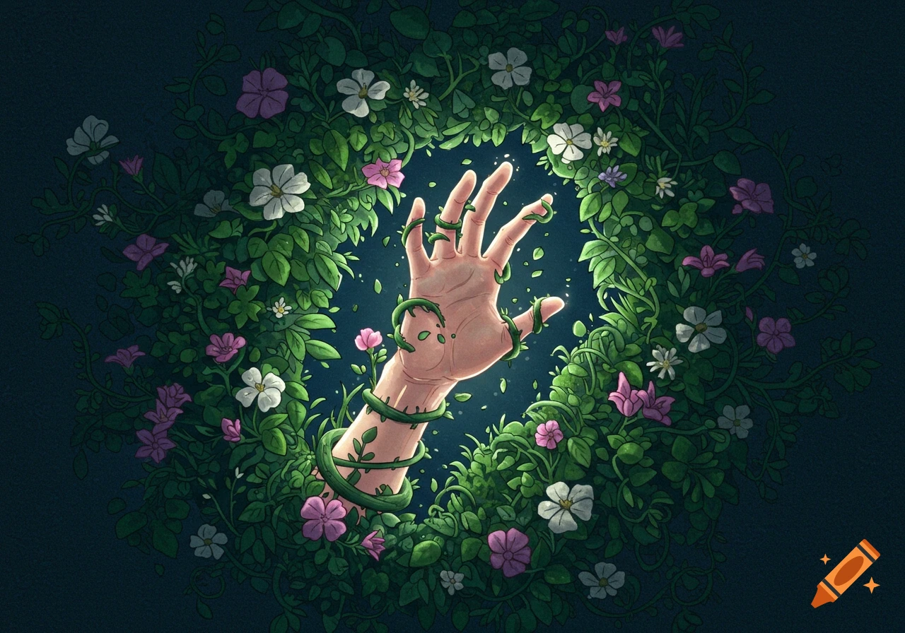 An illustrative image of a hand reaching out from a dense wall of green vines and pink and white flowers.