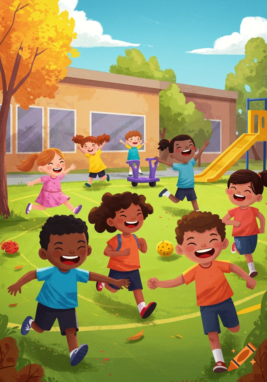 Illustration of happy children playing outside on a sunny day.