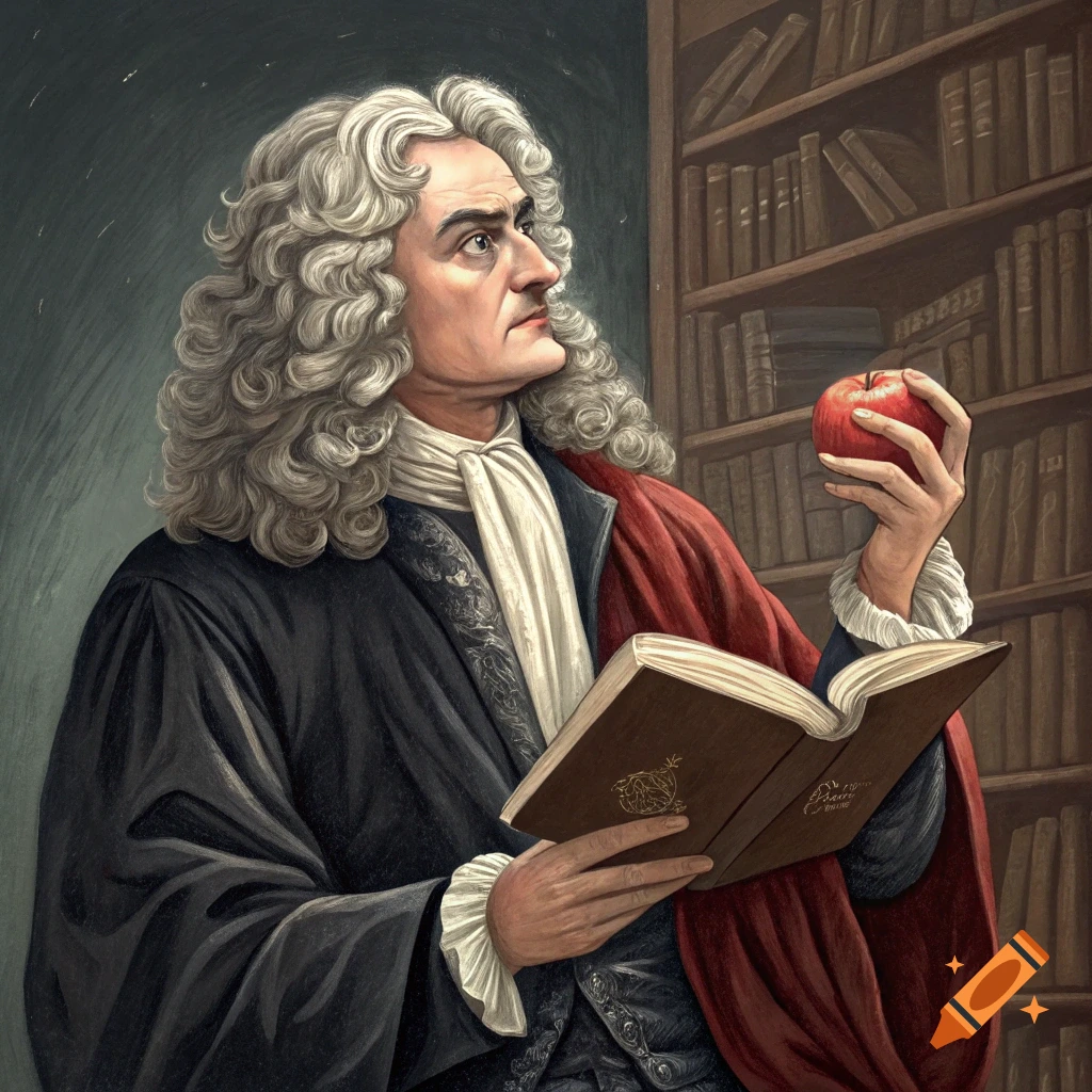 Portrait of Isaac Newton holding an apple and a book in a library, painting style.