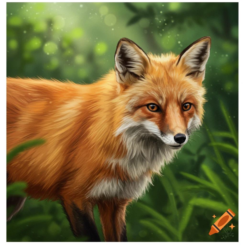 A red fox stands in a forest, looking slightly to the side. The background is blurry green foliage.
