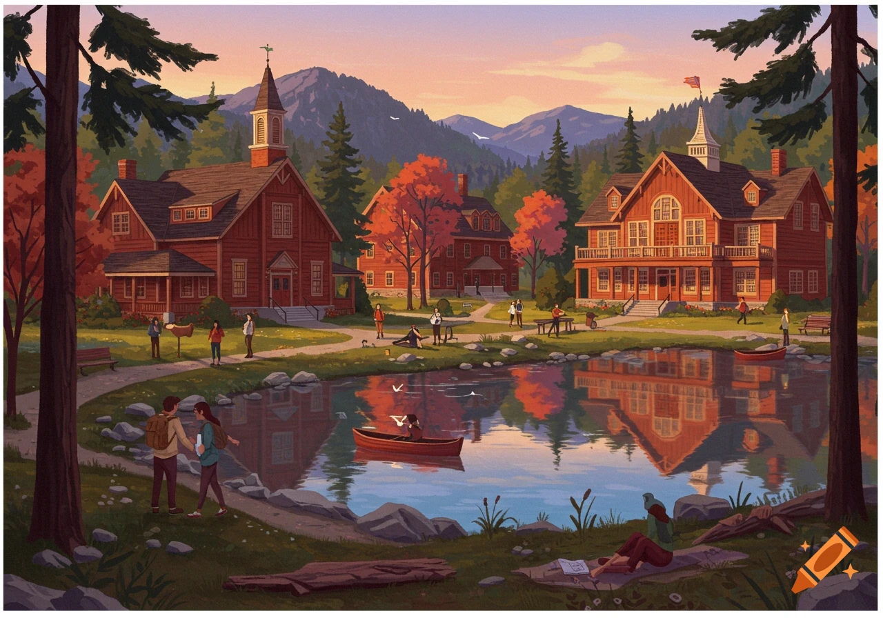 Illustrative painting of a college campus by a lake in autumn, with students walking and rowing, mountains in the background.
