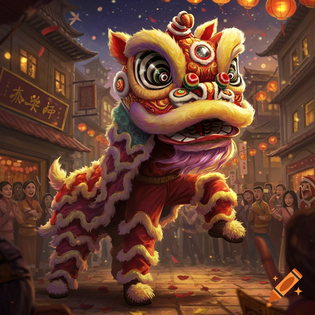 A lion dance during a vibrant festival in a bustling street at night.
