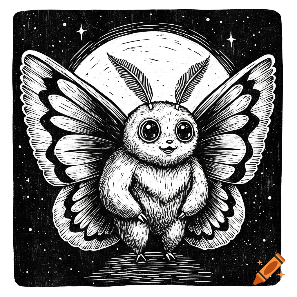 Black and white woodcut illustration of a friendly cartoon moth creature standing under a full moon and stars.