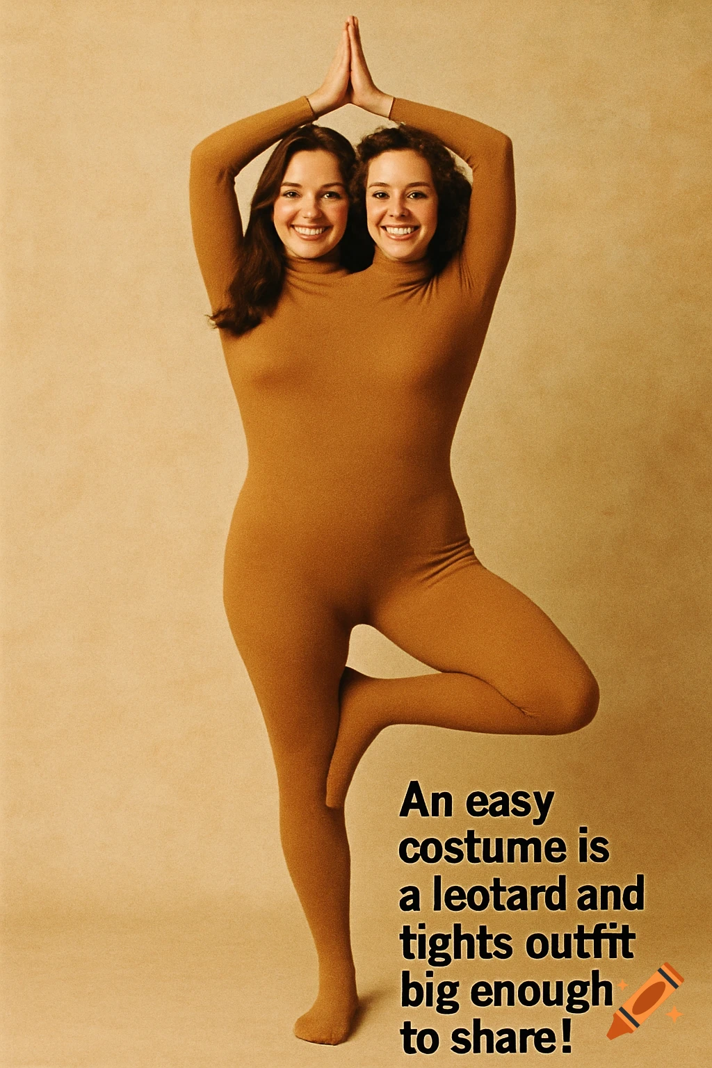 Two women in a shared leotard perform a yoga pose creating a two-headed illusion with text. Vintage photo style.