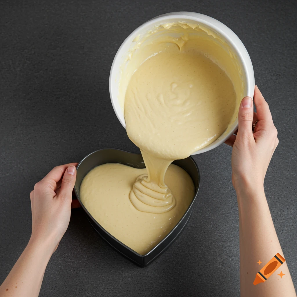Hands pour vanilla cake batter into a heart-shaped baking pan on a grey surface.