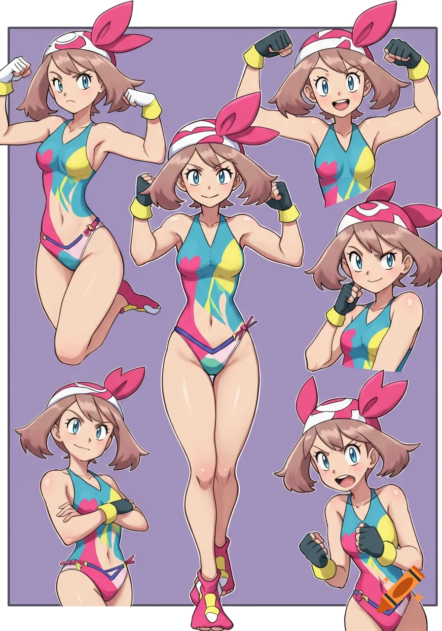 Anime style illustration of Pokémon character May in multiple poses wearing  a swimsuit on Craiyon