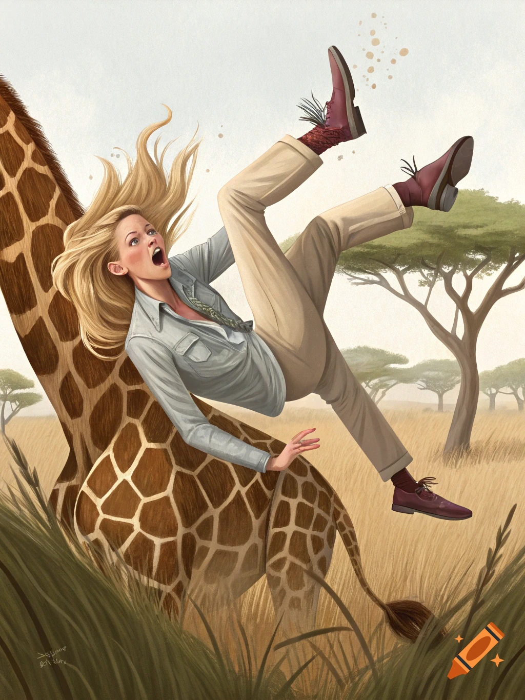 Illustration of a woman falling backwards off a giraffe in a safari