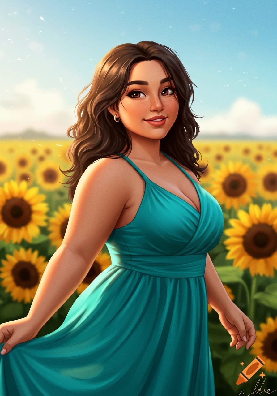 Illustrated portrait of a woman in a blue dress standing in a field of sunflowers.